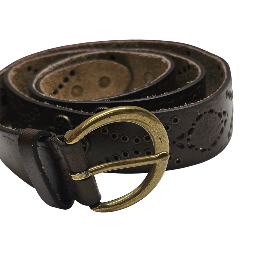 Nine West Belt Women XL Brown Leather Boho Studded Filigree Medallion Wide